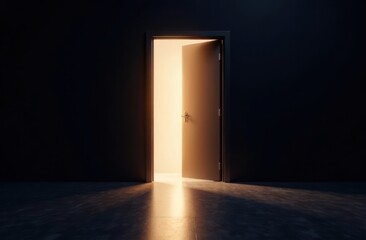 Glowing exit from dark room, open door. Background, template, mock up