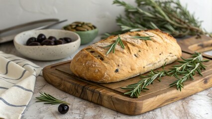 Artisan olive bread loaf sitting on a rustic wooden board, garnished with fresh rosemary sprigs and placed in a cozy atmosphere, baking, gourmet, olive bread, kitchen decor, rustic