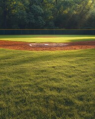 Obraz premium A serene depiction of an empty baseball field with the morning dew glistening on the grass