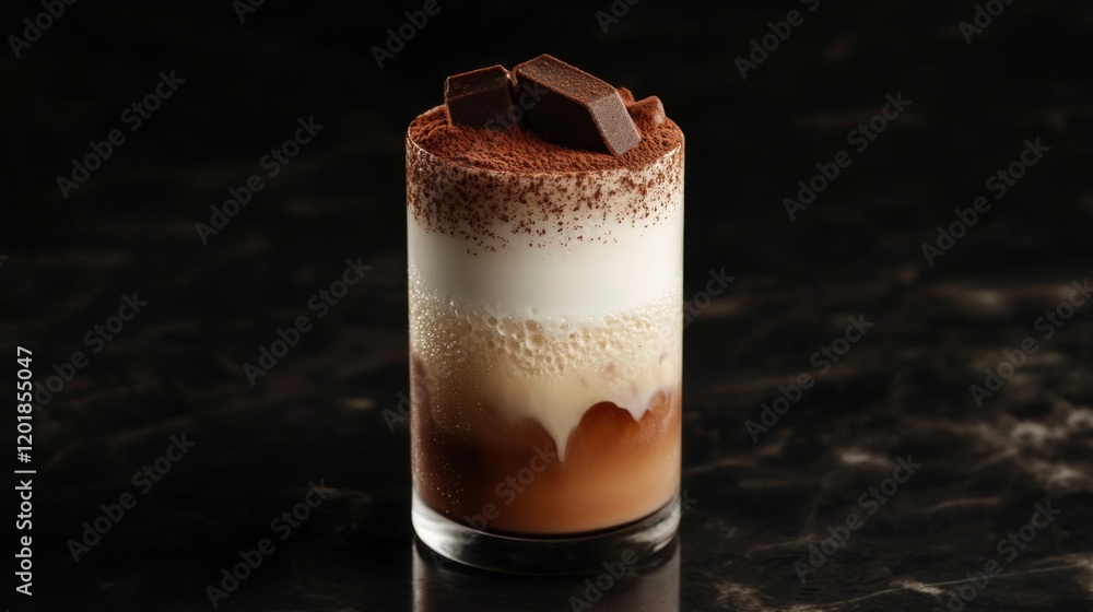 Poster A close-up of a refreshing iced coffee with a layer of frothy milk and a garnish of cocoa powder, served in a tall glass with ice cubes.