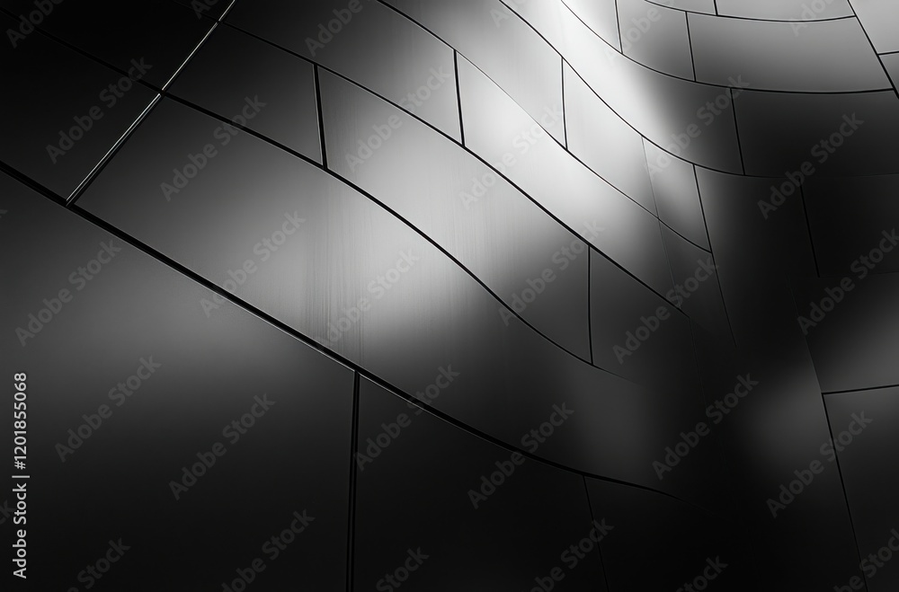 Poster abstract black and white geometric design with smooth curves and subtle reflections in textured wall