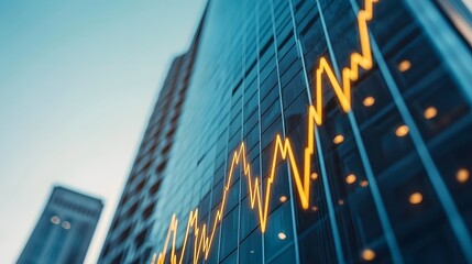A modern building reflecting a rising graph against a clear sky, symbolizing financial growth and progress in urban settings.