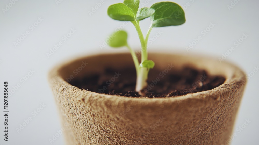 Poster a close-up of a seedling in a biodegradable pot, ready to be planted, with the tender leaves and roo