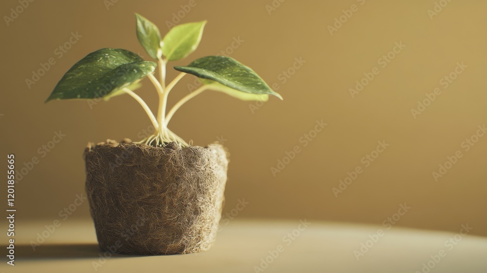 Poster a close-up of a seedling in a biodegradable pot, ready to be planted, with the tender leaves and roo