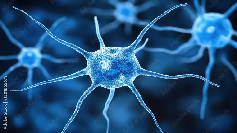 Poster detailed microscopic view of a neuron nerve cell with multiple dendrites in shades of blue