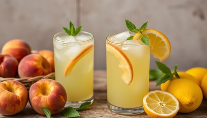 Refreshing Peach and Lemon Iced Drink on a Wooden Table