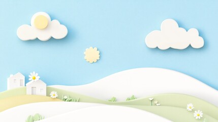 Fototapeta premium Paper art house on hill serene landscape of simplicity and tranquility in nature