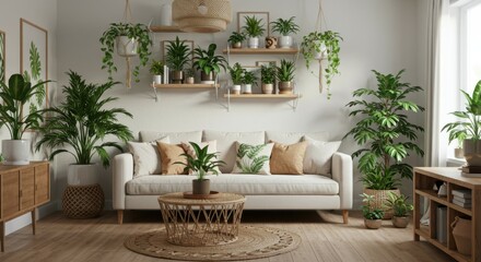 Cozy living room, bohemian style, white brick wall, cream sofa, wooden coffee table, rattan furniture, hanging plants, potted plants, botanical prints, natural light, beige rug, minimalist decor, indo