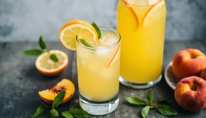 Fototapeta premium Refreshing Peach and Lemon Iced Drink on a Wooden Table