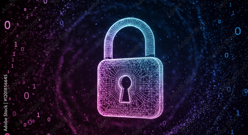 Poster futuristic data protection. neon wireframe padlock with digital particles in vibrant colors, symboli