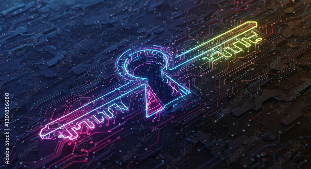 Poster key to digital security. glowing key-shaped circuit with vibrant neon colors on a dark background, a