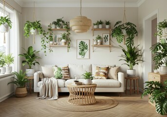Cozy living room, bohemian style, white brick wall, cream sofa, wooden coffee table, rattan furniture, hanging plants, potted plants, botanical prints, natural light, beige rug, minimalist decor, indo