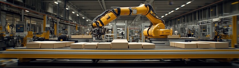 Robot automation in warehouse streamlining logistics with conveyor belt system for enhanced efficiency