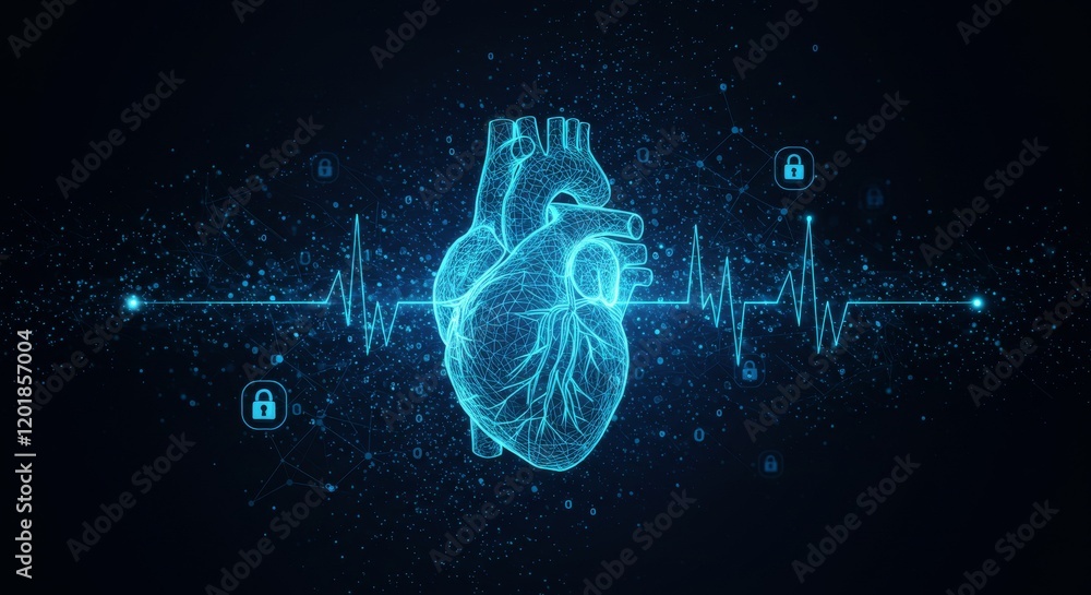 Poster digital heart innovation. wireframe heart with glowing digital particles and heartbeat visualization