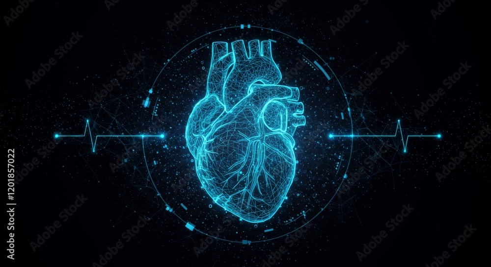 Aufkleber digital heart innovation. wireframe heart with glowing digital particles and heartbeat visualization