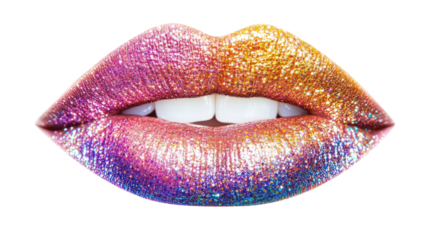 A vibrant close-up of sparkling, colorful lips showcasing a glittery makeup style that adds a bold and artistic touch to beauty aesthetics.