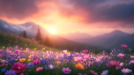 Sunset blossoms in a mountain landscape nature flowers tranquil environment scenic viewpoint serene concept