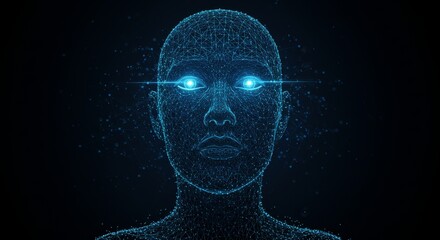 Digital human head with blue wireframe and data flow visualization showing futuristic facial recognition and data security concept for artificial intelligence and advanced identity verification