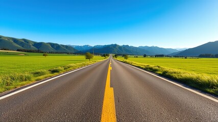 Fototapeta premium Empty Asphalt Road Through Lush Green Fields and Mountains, Scenic Blue Sky