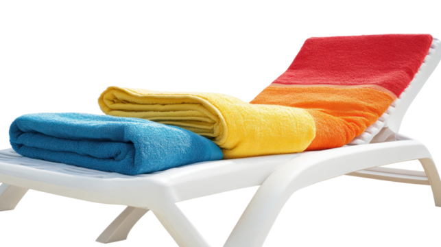 A colorful set of towels neatly arranged on a sun lounger, inviting relaxation and leisure by the poolside or beach. Perfect for summer vibes.