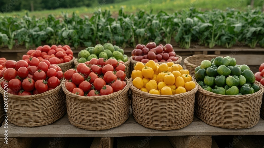 Poster bountiful array of fresh locally grown produce displayed in natural wicker baskets on a picturesque 
