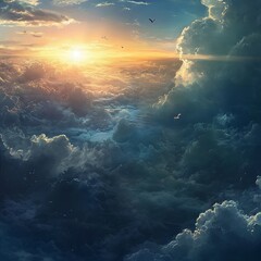 Fototapeta premium Dawn Sky Above Clouds With Birds Flying At Sunrise Golden Hour Over Vast Cloudscape