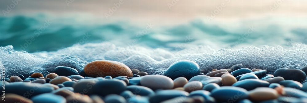 Leinwandbilder close up view of smooth pebbles with gentle waves washing over them at a serene beach during sunset.