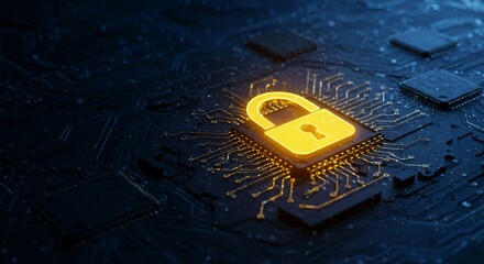 igital chip lock glowing in yellow showing advanced circuit design for cybersecurity and encryption technology in futuristic style