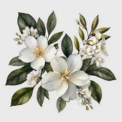 Obraz premium Big set with flowers, twigs and leaves of gardenias. Watercolor illustration. This set is well suited for your various projects: creating cards, invitations, wedding design, etc.