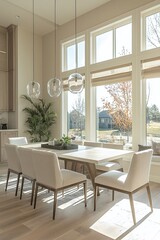 A modern minimalist interior design in a residential dining room with a dining table and chair. Generative AI
