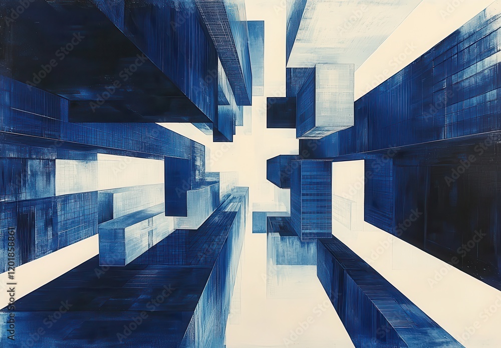 Poster abstract depiction of towering geometric shapes in varying shades of blue, creating a dynamic and mo
