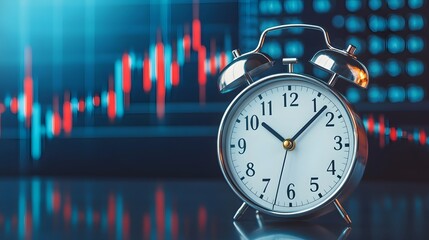 A vintage alarm clock in front of a financial graph, symbolizing time management in trading or investment contexts.