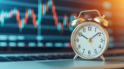 A vintage alarm clock sits on a laptop, with financial graphs displayed in the background, symbolizing the relationship between time and investment.