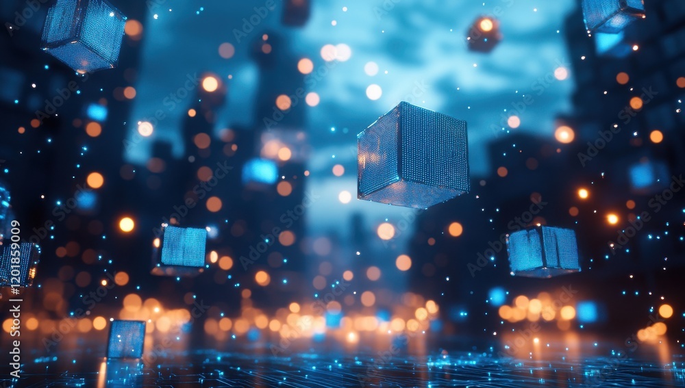 Poster abstract digital landscape featuring glowing blue cubes floating above a futuristic urban environmen