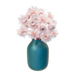 Pink flowers in teal vase, studio shot, white background, home decor