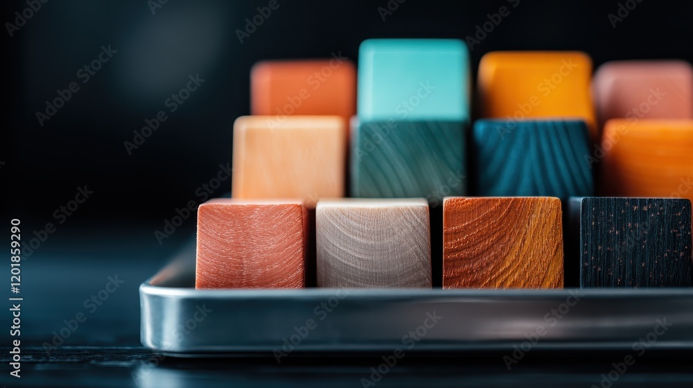 Aufkleber a neatly arranged selection of colorful wooden cubes displayed upon a sleek metallic tray, emphasizi