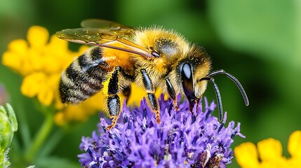 Close-up of a bee collecting nectar from a vibrant purple flower in a lush garden setting