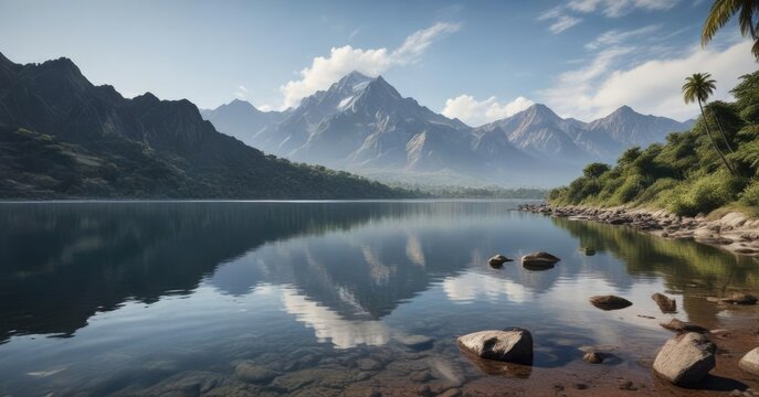 Calm waters of Laguna de Horcones with the Aconcagua peak in the distance, mountains, peaceful scene, sky