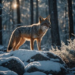 Fototapeta premium A jackal standing on a snow-dusted rock in a frosty forest, with icy branches sparkling in the sunlight.