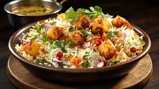 Delicious indian vegetable biryani with paneer, rice, and spices being served