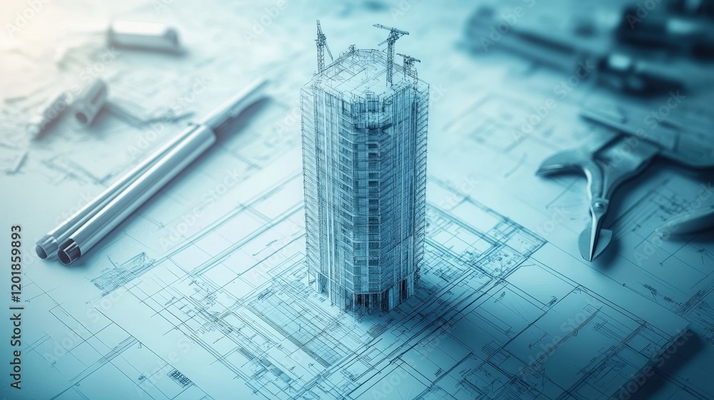 Poster a serene image of a detailed blueprint for a modern skyscraper, with architectural tools placed arou