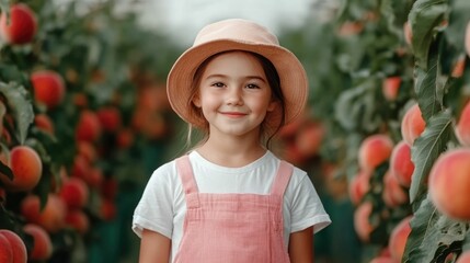 Carefree Young Girl Exploring Lush Peach Farm and Enjoying the Bountiful Seasonal Harvest in a Peaceful Idyllic Setting