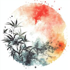 Watercolor style round ink spots, natural colors, white background, Japanese 