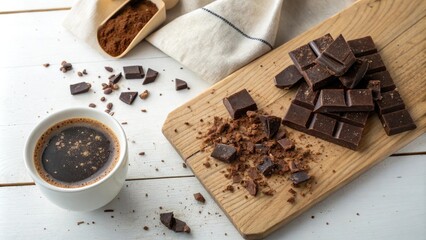 Chocolate shavings scattered on a wooden table with a cup of freshly brewed coffee, chocolate shavings, wood, breakfast