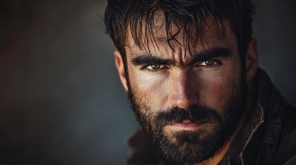 Intense close-up portrait of a man with a beard and dark eyes.