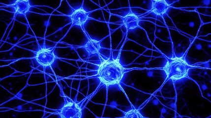 Fototapeta premium Intricate Neural Network: Glowing Blue Neurons and Synaptic Connections in Microscopic View