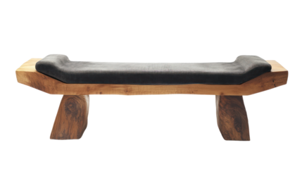 Stylish wooden bench with a comfortable cushioned seat, perfect for enhancing interior decor or outdoor lounging areas, blending comfort with artistry.