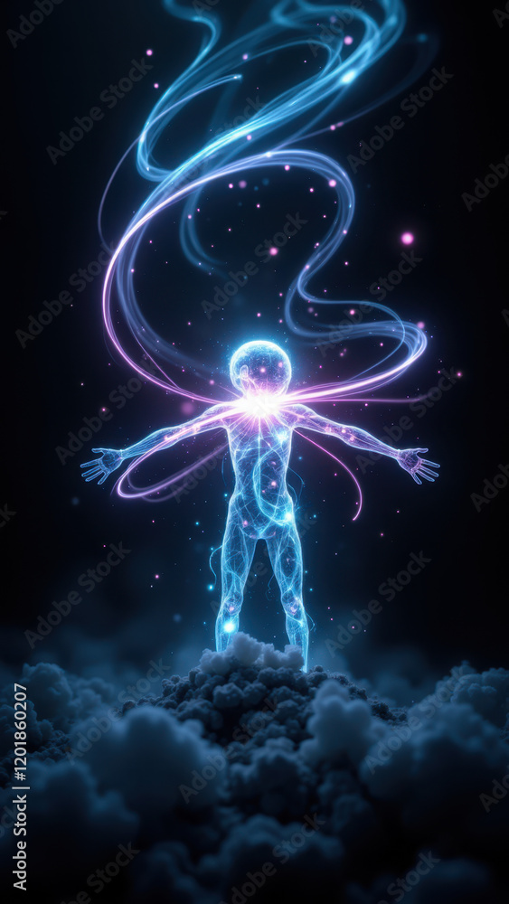 Poster a digital art piece featuring an ai-generated humanoid figure standing amidst swirling colors and pa