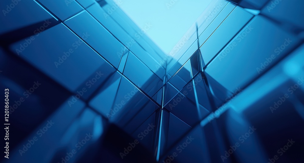 Poster abstract geometric background with glowing blue reflection and modern glass structures displaying de