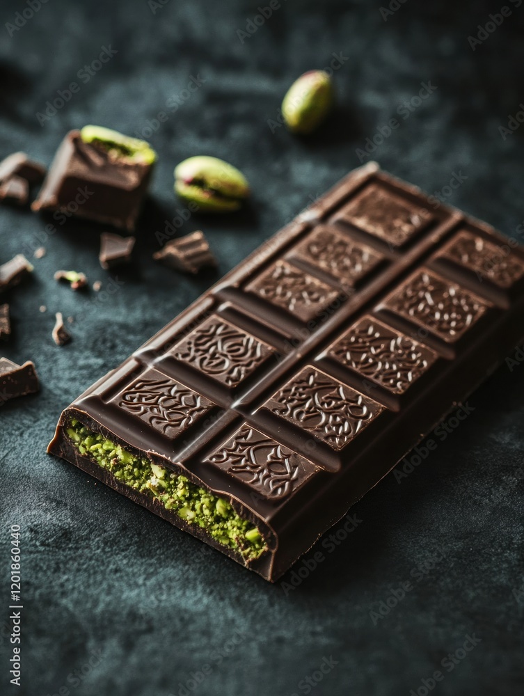 Poster cut chocolate bar with creamy pistachio filling on golden plate with intricate arabic patterns. gene